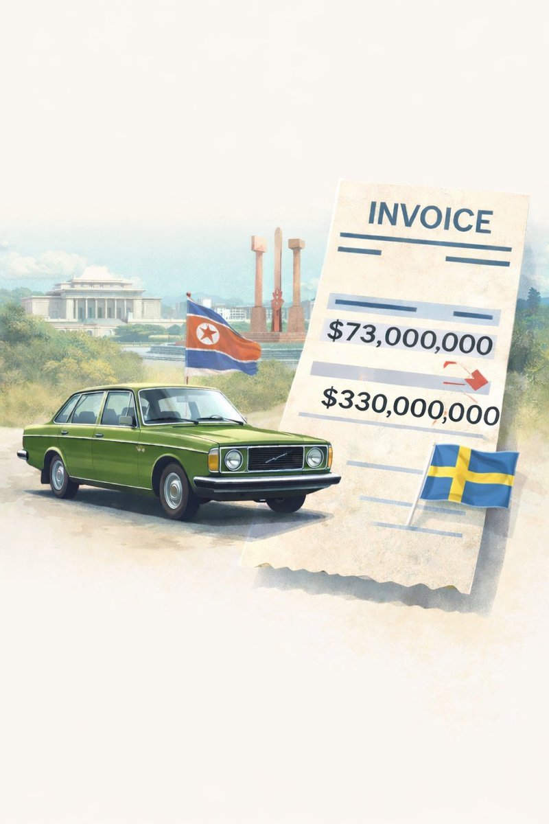 SquizzyQ's tweet photo. 🚗 Najskuplja kupovina automobila u istoriji — koja nikada nije plaćena.

🇰🇵 Severna Koreja je 1974. naručila 1.000 Volvoa.

🇸🇪 Automobili su isporučeni.
❌ Novac nikada nije.

⏳ Danas, sa kamatama: ~330.000.000 $.

🤔 Šta biste vi kupili da ne morate da platite? https://t.co/SS5fuFkYVN