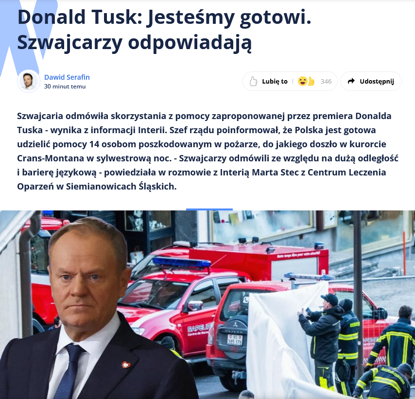 Szpital w Siemianowicach jest doskonały w leczeniu oparzeń ale oficjalna i celowo nagłośniona propozycja Tuska złożona Szwajcarii, by z pomocy tegoż szpitala skorzystała,  w sytuacji gdzie polska opieka zdrowotna leży a Polacy czekają na zabiegi latami,  "nie ociepla" wizerunku