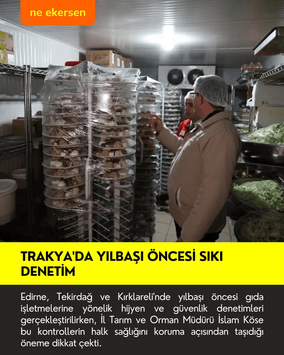Edirne, Tekirdağ ve Kırklareli'nde yılbaşı öncesi gıda işletmelerine yönelik hijyen ve güvenlik denetimleri gerçekleştirilirken, İl Tarım ve Orman Müdürü İslam Köse bu kontrollerin halk sağlığını koruma açısından taşıdığı öneme dikkat çekti.