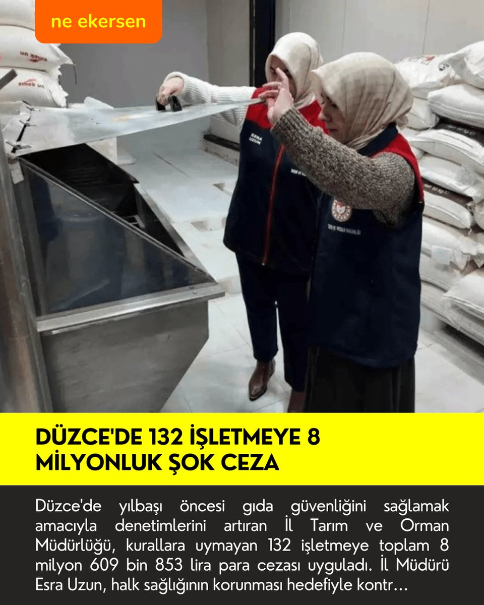 Düzce'de yılbaşı öncesi gıda güvenliğini sağlamak amacıyla denetimlerini artıran İl Tarım ve Orman Müdürlüğü, kurallara uymayan 132 işletmeye toplam 8 milyon 609 bin 853 lira para cezası uyguladı. İl Müdürü Esra Uzun, halk sağlığının korunması hedefiyle kontrollerin yoğunlaştı...