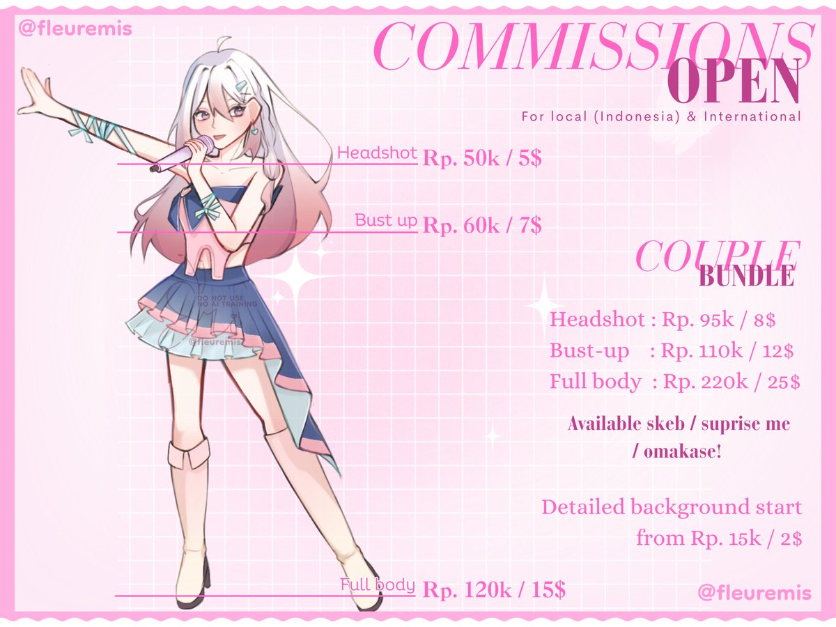 fleuremis's tweet image. [ OPEN COMMISSION ] 
—  𝑬mi's local and inter commission are open !! ✨ 

I updated some of the prices and TOS. If you interested, please kindly knock my dm (⁠ ⁠´⁠◡⁠‿⁠ゝ⁠◡⁠`⁠)

[ ♡  /  ↻  very appreciated !! ] 
#opencommission #zonauang #zonajajan #wts