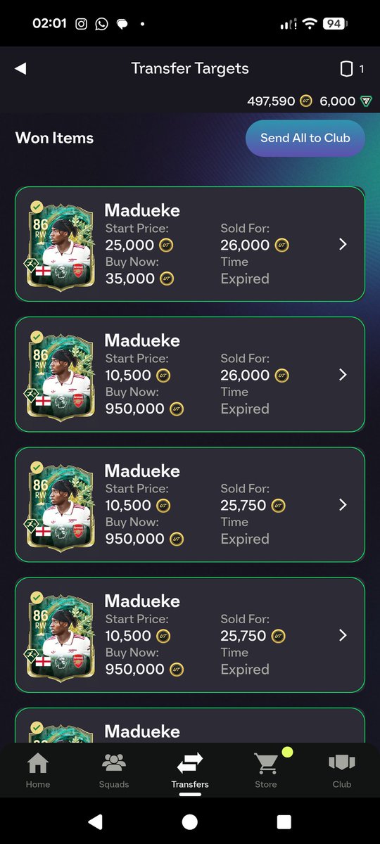 Invested in 35 Madueke WW bought under 26k..

He was 23k yesterday and rose today, so it shows demand and he goes OOP today.

Cards I'm invested in right now :

10 Tah bought under 31k.
20 Balde bought under 71k.
35 Noni bought under 26k.

Coins..come to me.

#EAFC26 #FC26 #EAFC