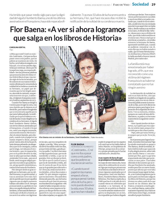 Amnistia_Vigo's tweet photo. 8⃣ logros e propostas de #AmnistíaInternacional #Vigo en #2025
1/8
✅Anulación do xuízo e a sentenza a Xosé Humberto Baena tras acompañar 20 anos á súa irmá Flor #Conseguido #Verdade #Xustiza #Reparación #27S #27setembro #DDHH #Memoria #PenadeMorte https://t.co/cw1Ox1u7l2