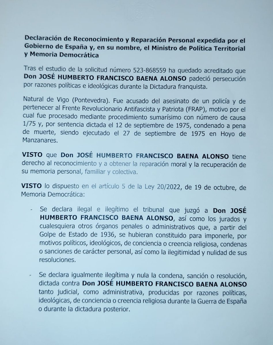Amnistia_Vigo's tweet photo. 8⃣ logros e propostas de #AmnistíaInternacional #Vigo en #2025
1/8
✅Anulación do xuízo e a sentenza a Xosé Humberto Baena tras acompañar 20 anos á súa irmá Flor #Conseguido #Verdade #Xustiza #Reparación #27S #27setembro #DDHH #Memoria #PenadeMorte https://t.co/cw1Ox1u7l2