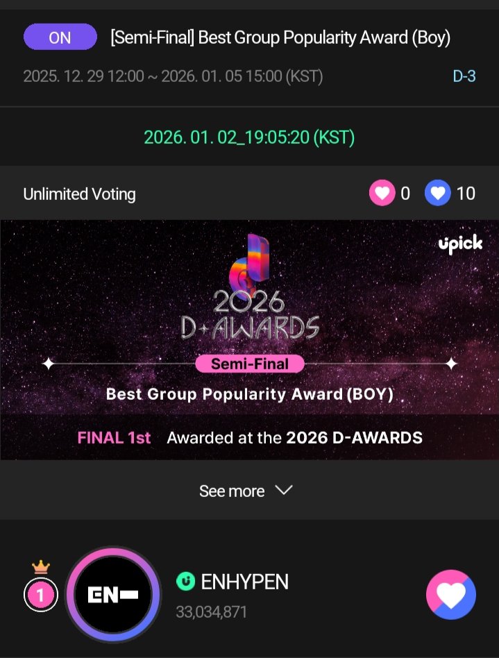 [UPICK -D'AWARDS Best Boy Group Popularity Award]🏆

ENGENEs, we're currently leading, so for now let’s hold off on dropping our jams and focus on collecting &amp; saving for FINAL ROUND.

📌We only need to secure Top 10 in the Semi-Finals to advance.
📆1/5 3PM KST
#ENHYPEN #엔하이픈