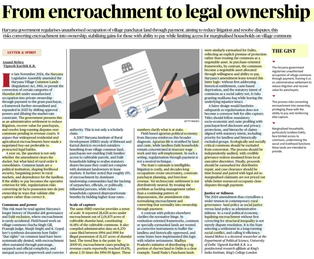 imRavikantYadav's tweet photo. From encroachment to legal ownership

:An Insightful article by Sh Anand Mehra &amp; Sh Vignesh Karthik K.R.
@krvtweets

#CommonLands #Encroachment #LegalOwnership #Haryana #ShamilatDeh #LandPolicy
#DalitExclusion #Caste #Land
#SocialJustice #StructuralInequality
#Litigation

#UPSC https://t.co/EPJJxF77fi