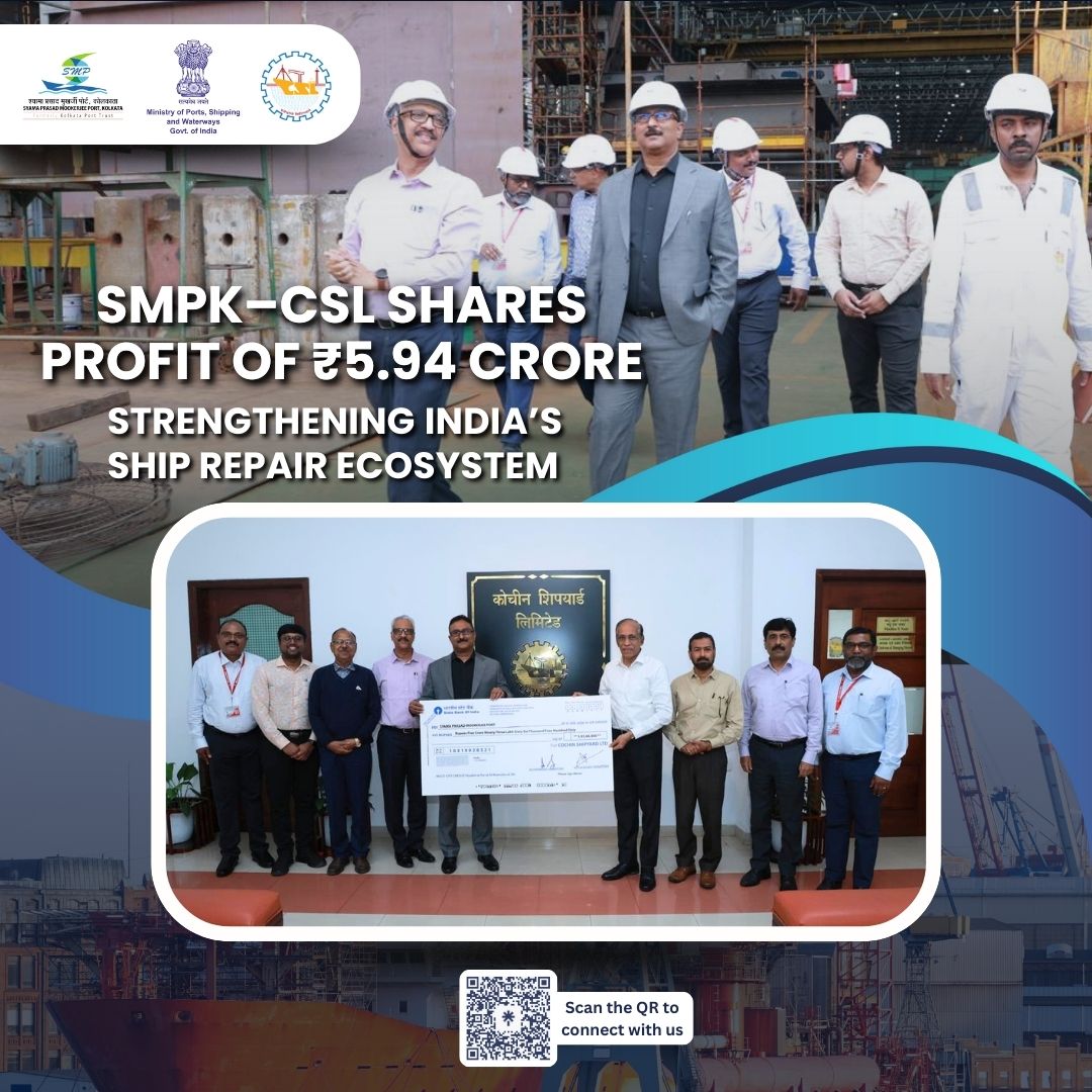 SMPort_Kolkata's tweet photo. 🔧Strengthening Maritime Self-Reliance with Shared Profit⚓ 
 
Syama Prasad Mookerjee Port, Kolkata and Coachin Shipyard Limited marked another significant step in India’s shipbuilding journey as these leading maritime organisations generated a shared profit of ₹5.94 crore through ship repair activities under their joint venture, CKSRU

On the occasion, Shri Madhu Nair, Chairman & Managing Director of CSL handed over a profit share cheque to Shri Rathendra Raman, Chairman, SMPK under the joint venture - CKSRU.  

With six vessels successfully repaired in FY 2024–25 by  CKSRU, Ship Repair Unit in Kolkata continues to drive indigenous capability and industrial growth.  

#SMPK #CSL #ShipRepair #MaritimeIndia #MakeInIndia #PortLedDevelopment #AtmanirbharBharat #IndianPorts #PublicSectorPartnership #BlueEconomy

@shipmin_india 
@PIB_ShipMin 
@cslcochin