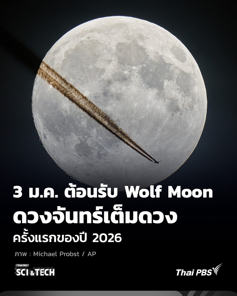 ThaiPBSSciTech's tweet image. 🌕 3 ม.ค.นี้! ต้อนรับ Wolf Moon ดวงจันทร์เต็มดวงครั้งแรกของปี 2026

ปรากฏการณ์ดาราศาสตร์สำคัญต้อนรับปีใหม่ เมื่อดวงจันทร์เต็มดวง #Supermoon เดือนมกราคม ในวันที่ 3 ม.ค. นี้ โดยจะมีขนาดใหญ่และสว่างกว่าปกติอย่างเห็นได้ชัด…