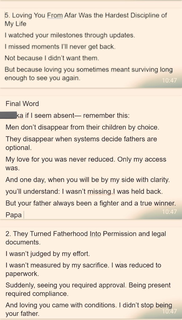 DeepikaBhardwaj's tweet image. YOUR FATHER IS NOT ABSENT, 
HE DOES NOT HAVE ACCESS ....

Heartbreaking note from a doting father for her daughter who he has not been able to even see for years

She thinks he has abandoned her but far away he cries everyday to see her 

Plight of countless fathers in India