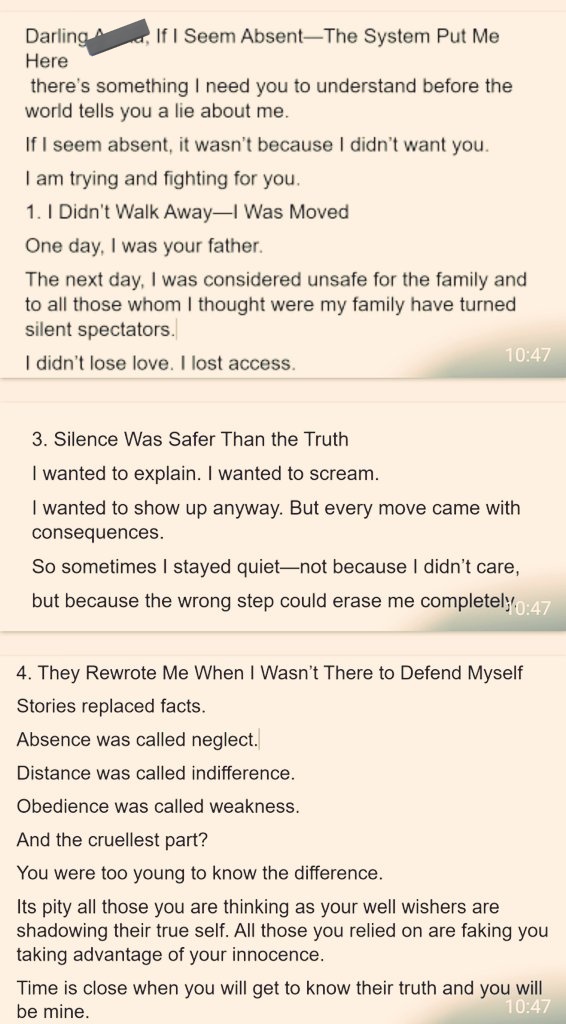DeepikaBhardwaj's tweet image. YOUR FATHER IS NOT ABSENT, 
HE DOES NOT HAVE ACCESS ....

Heartbreaking note from a doting father for her daughter who he has not been able to even see for years

She thinks he has abandoned her but far away he cries everyday to see her 

Plight of countless fathers in India