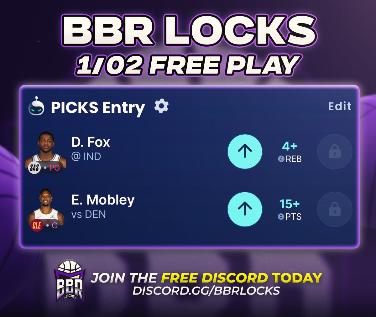 BBRLocks_'s tweet image. NBA 01/02 FREE #Parlay 

De'Aaron Fox o3.5 Rebounds vs. IND 
Evan Mobley o14.5 Points vs. DEN

More Plays Inside My Discord 👇
discord.gg/bbrlocks

#UnderdogFantasy #NBAPicks #PrizePicks #Sleeper #Chalkboard #Underdog #FreePicks #NBAPicks #NBAPlayoff #PlayerProps #Discord…
