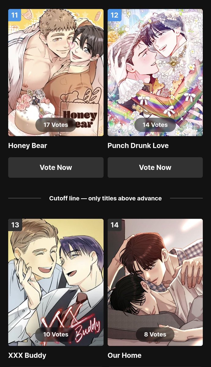 현재 이곳에서 투표로 1위가 되는 작품이
애니메이션화가 되는거 같습니다.
(그동안 만들어진 작품들 보면 대체적으로 단편)
좋아하시는 작품에 한표를!!!

+
It looks like the work that ranks first in the voting here will be make into a short animation.
Please cast your vote for the work