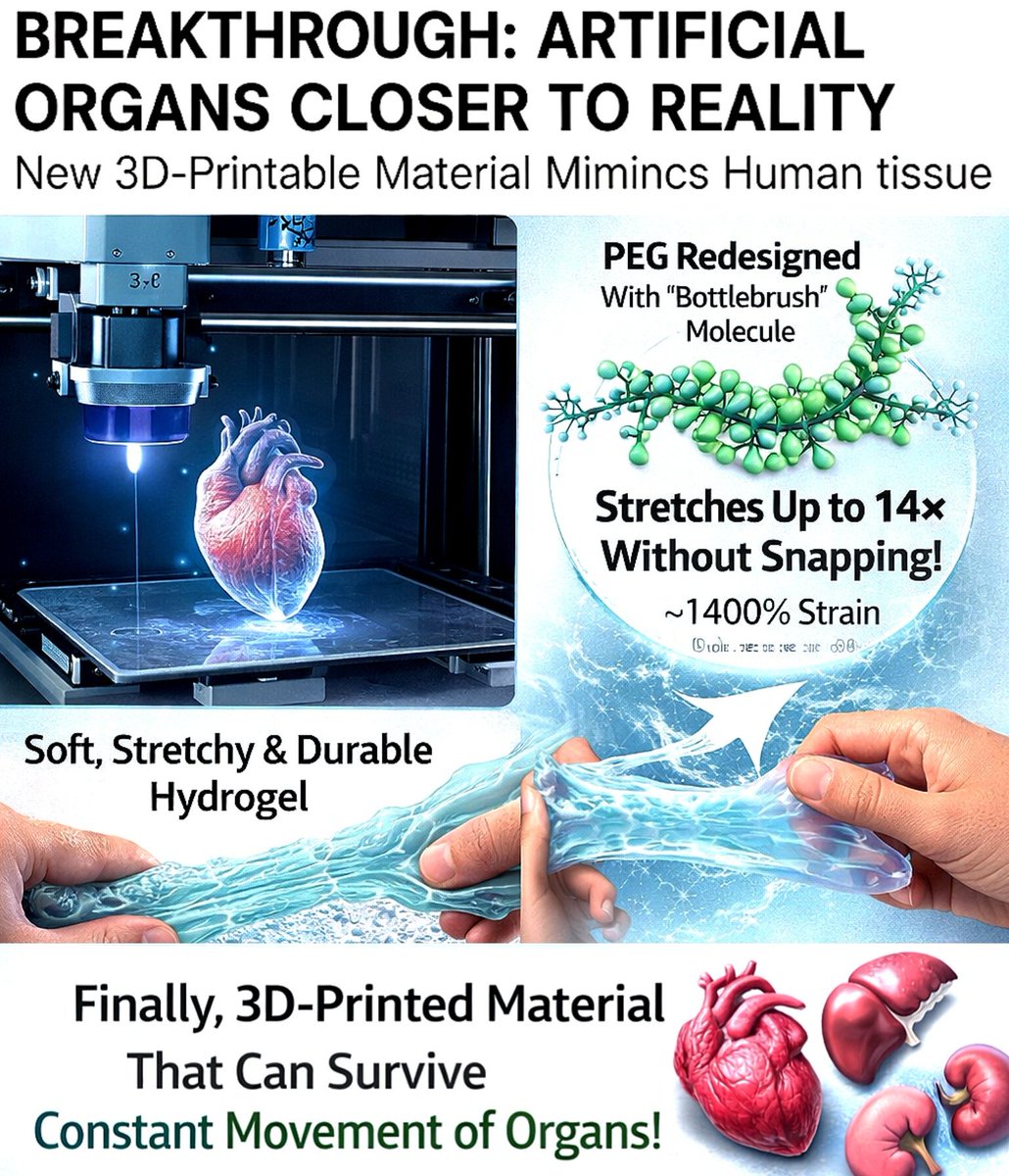 This is INSANE: a breakthrough bringing artificial organs closer to reality.

Scientists have created a new 3D-printable material that finally behaves like real human tissue.

Researchers at the University of Virginia redesigned a common biocompatible polymer called polyethylene