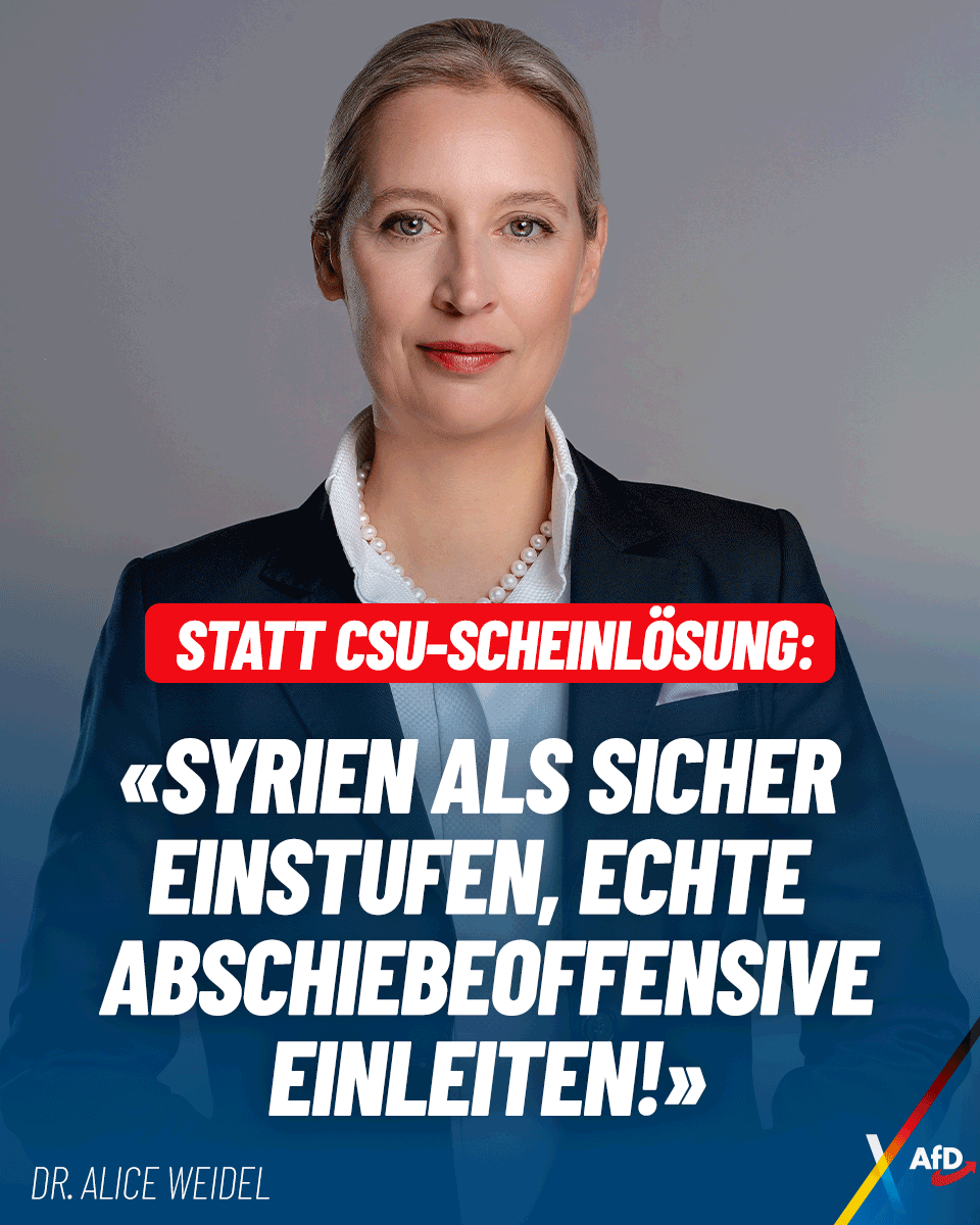 Alice_Weidel's tweet photo. Wieder einmal verspricht die Union eine Wende, die sich bei näherer Betrachtung als gegenstandslos entpuppt: Denn im ersten Schritt ist Syrien als sicheres Herkunftsland einzustufen, um dann eine koordinierte Abschiebeoffensive durchzuführen - statt Syrer tröpfchenweise in "Linienflügen" abzuschieben.