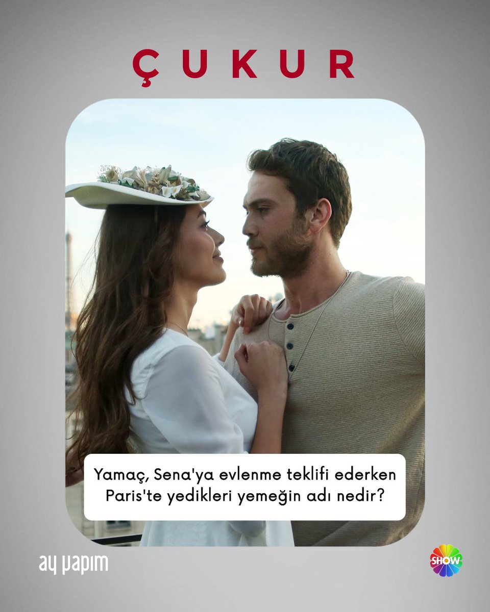 Efsaneler unutulmaz!❤️‍🔥
Çukur dizisinden mini quiz başlıyor…

Yamaç, Sena’ya evlenme teklifi ederken Paris’te  yedikleri yemeğin adı nedir?

Cevaplarınızı yorumlara bekliyoruz!👀

#AyQuiz #Ayyapim #Çukur <a href="/cukurdizi/">Çukur Dizi Resmi</a>