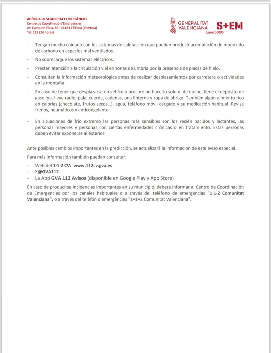 ⚠️El Centro de Coordinación de Emergencias emite un aviso especial por lluvias y nevadas en la Comunitat Valenciana a causa de la #BorrascaFrancis.

🗓️A partir de mañana extendiéndose en días posteriores coincidiendo con el fin de semana y la festividad de los Reyes Magos.