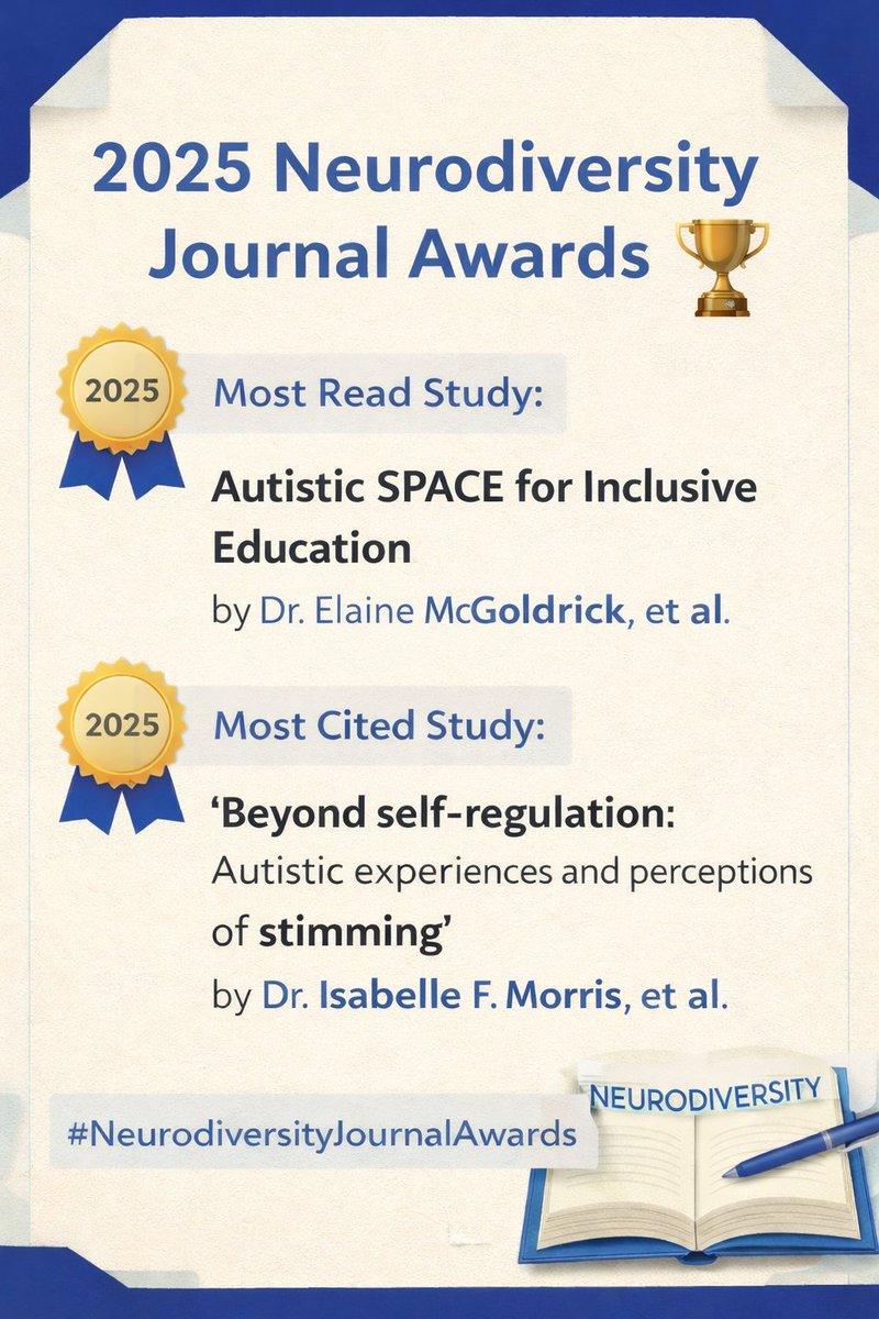 ND_Journal's tweet image. Congrats to the (very informal) 2025 Neurodiversity Journal Awards 🏆

Most read: Autistic SPACE for Inclusive Education — Elaine McGoldrick et al
journals.sagepub.com/doi/10.1177/27…
Most cited: Beyond self-regulation —  Isabelle F. Morris et al
journals.sagepub.com/doi/10.1177/27…