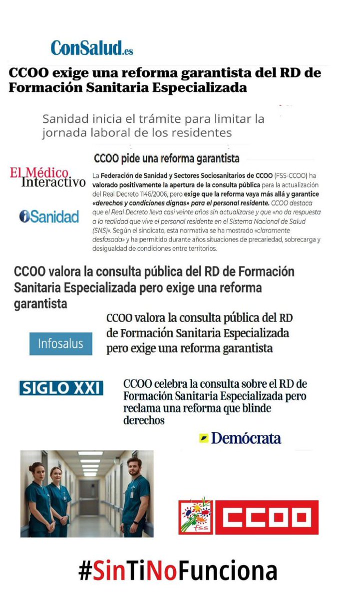 ➡️ Exigimos que la actualización del RD de FSE garantice retribuciones dignas y homogéneas; ponga fin a jornadas abusivas y descansos incumplidos; que la formación forme parte de la jornada laboral; regular de manera justa guardias y rotaciones, y otras medidas

👁️ En prensa