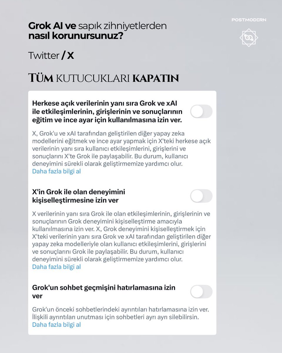 BİLGİ • Kadınlar, Grok AI sebebiyle t*ciz altında • X platformu yapay zeka aracı Grok, aldığı komutlarla kadınların fotoğraflarını istenildiği şekilde oluşturmaya başladı. 

Nasıl korunacağınızı anlatıyoruz:

• Ayarlar
• Gizlilik ve Güvenlik
• Grok ve 3. Taraf İş Birlikleri