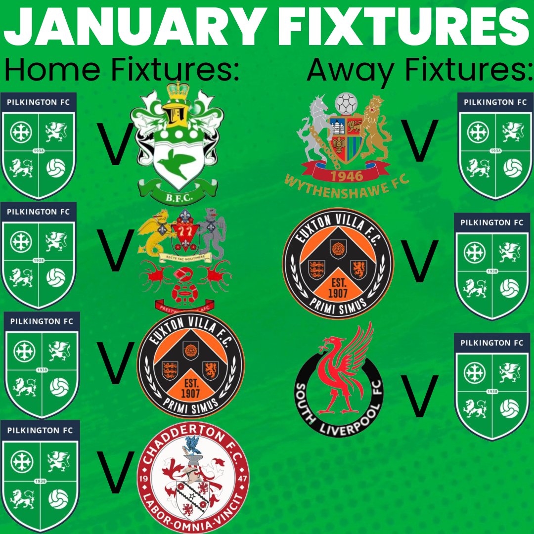 Pilkingtonfc's tweet image. Happy New Year everyone! As you know we start 2026 at the PSD vs @BurscoughFC1946 but here is a full list of the January fixtures. The dates of each fixture will be below⬇️