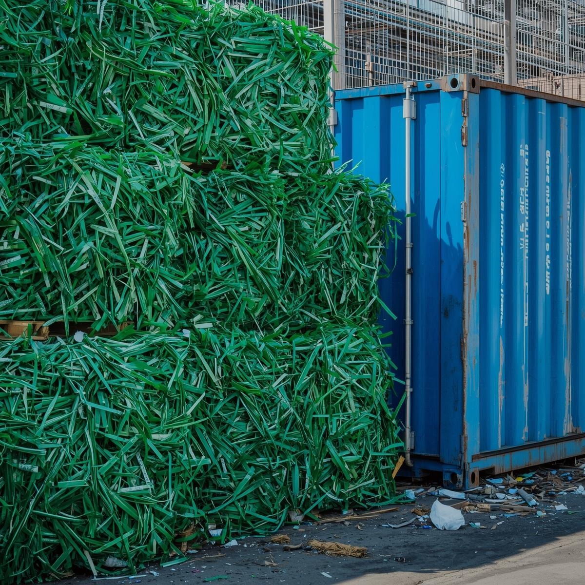 InterplasRecycl's tweet photo. Turning waste into worth! 🌍 Check out these massive bales of green PET plastic strapping ready for the next stage of the recycling process. Industrial waste management is the backbone of a circular economy.
 
#InterplasRecycling #CircularEconomy #Sustainability #GreenEnergy https://t.co/kNNI1F2eqN