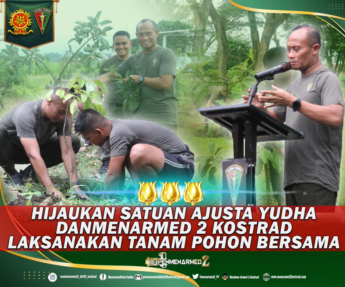 menarmed2_PY's tweet photo. Hijaukan Satuan Ajusta Yudha Danmenarmed 2 Kostrad Laksanakan Tanam Pohon Bersama

Singosari - Komandan Resimen Armed 2 Kostrad, Kolonel Arm Rohmadi, S.Sos., https://t.co/CbpMHPgIof (Han), melaksanakan kegiatan penanaman pohon bersama seluruh prajurit Yonarmed 1 Kostrad https://t.co/2iAvo2QYbu
