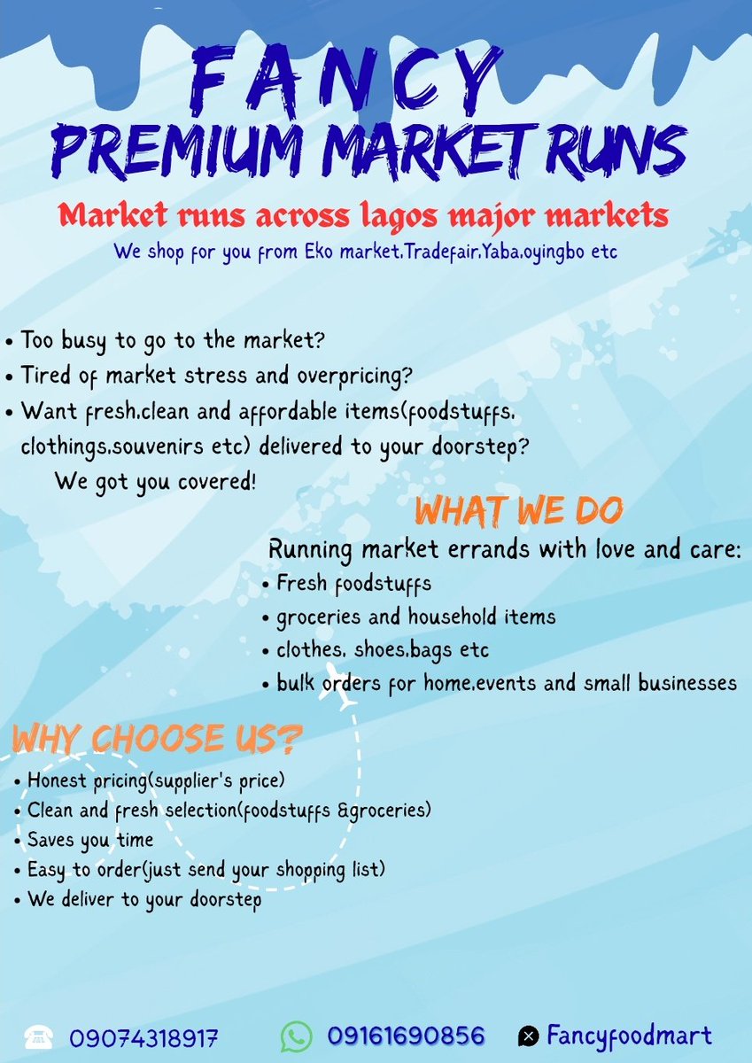 Fancyfoodmart's tweet image. Do you need someone to run your  premium market errands in Lagos?
From food items, clothing, souvenirs &amp;amp; more — if it’s sold in any Lagos market then I can definitely help you get it💯

✔️ Wholesale prices

✔️ Directly from importers (where possible)

✔️ Stress-free &amp;amp; reliable…