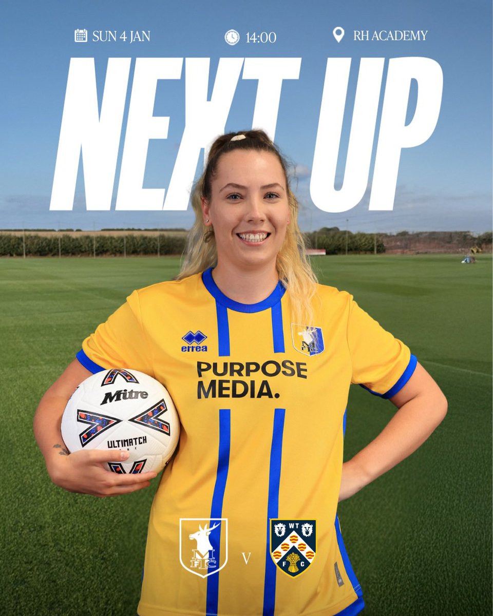 MTFCLadies's tweet photo. NEXT UP - 

Andi Bell’s side finished 2025 off in great form and are ready to get back in action at RH Academy this Sunday when they face Wellingborough WFC 

FREE ENTRY 💛💙 https://t.co/KJUrrChOb1