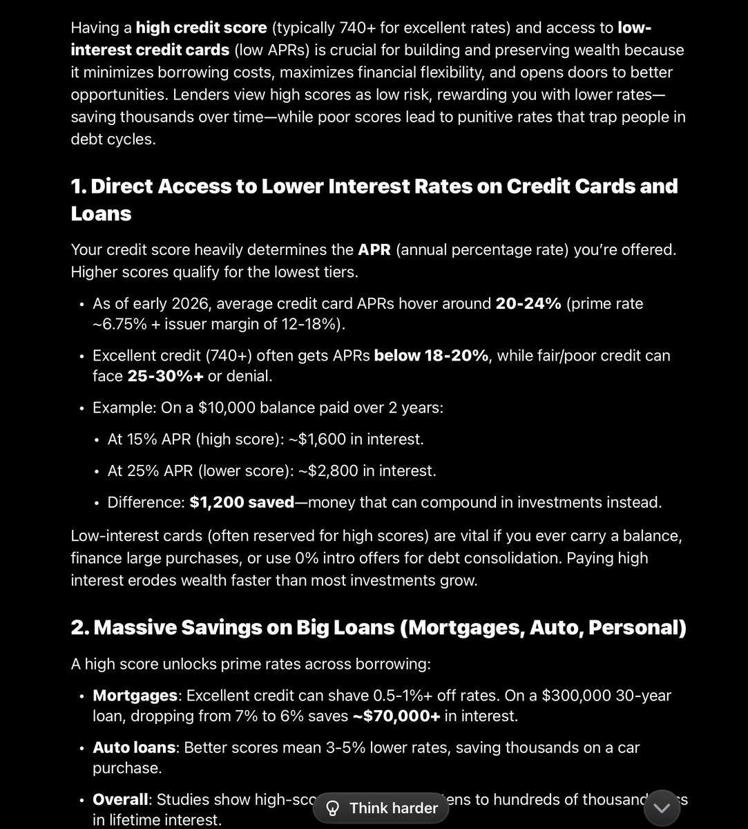 Stop thinking like poor people… do this.. Credit? Stop paying off credit cards. Grow your credit for smaller percentage fees. Always pay on time and pay triple the minimum due, if possible. Your goal is a low interest credit cards, and a high credit score.