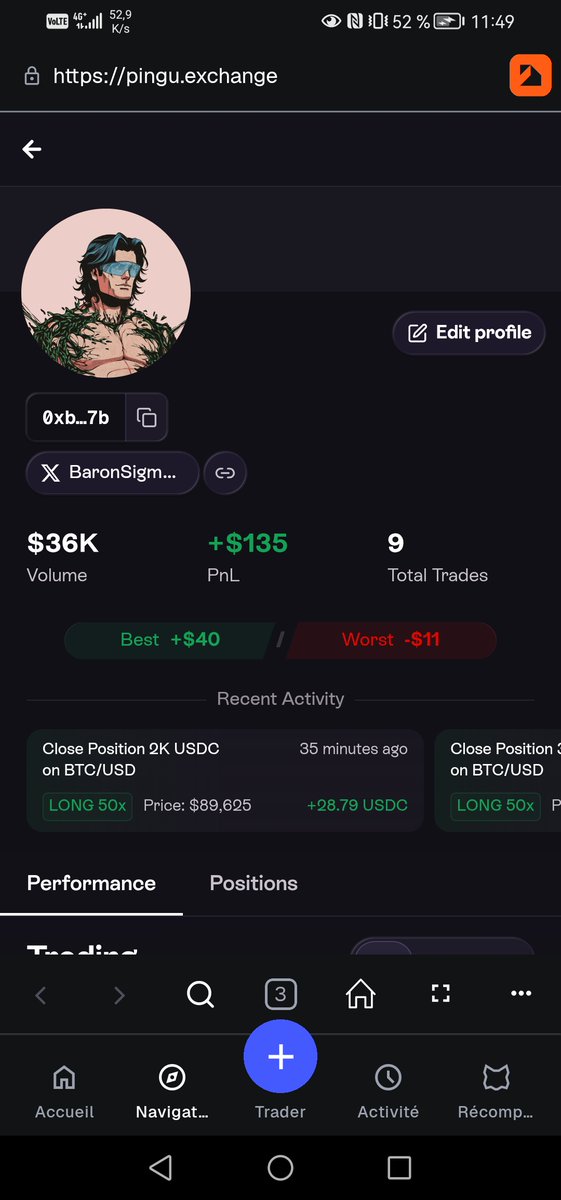 BaronSigma's tweet photo. 2026. Locking TF in. back to trading BTC perps (on @monad ofc! ).

challenge $80 to riches. going good so far.

This  year gonna be fire thanks to @PinguExchange https://t.co/6hw910203w