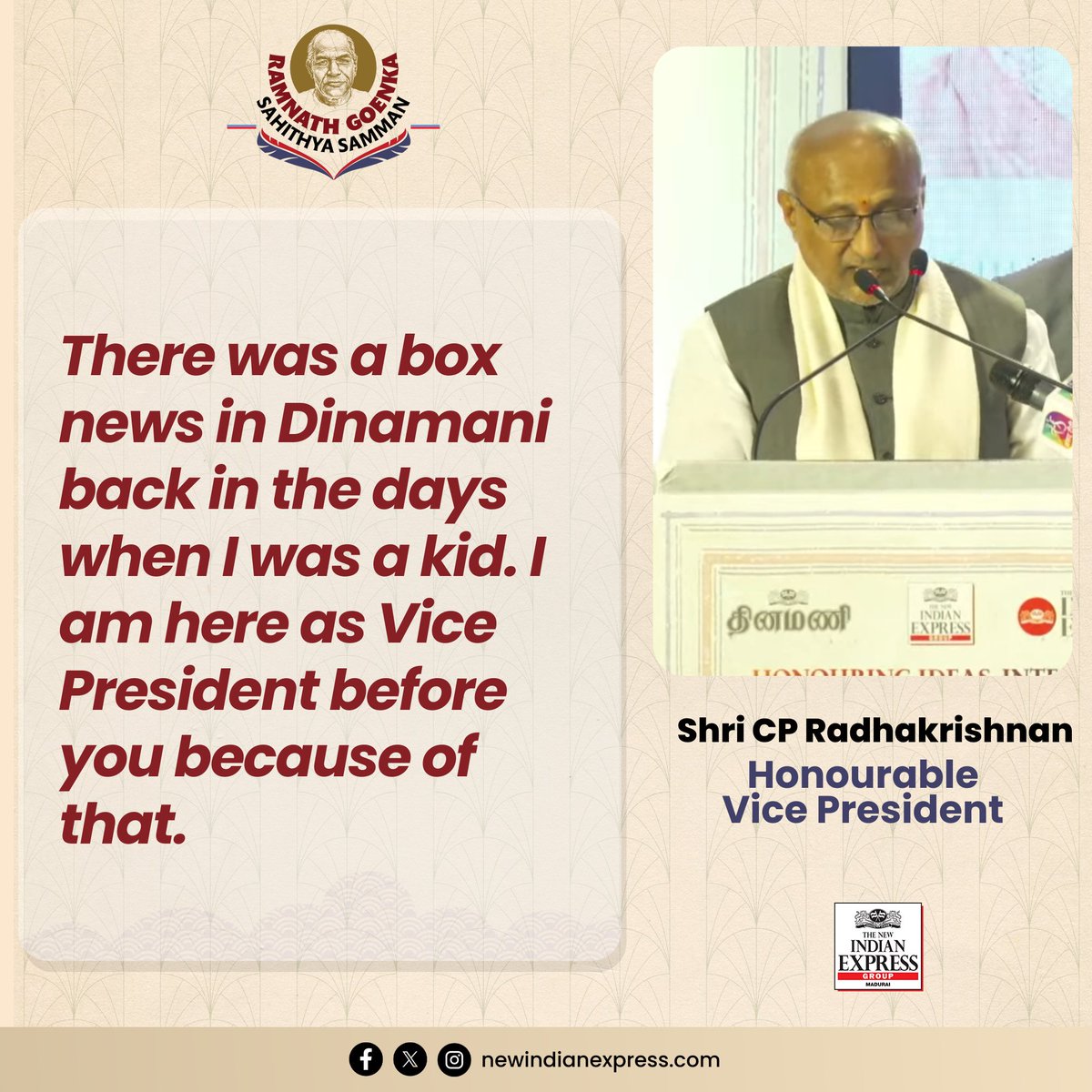 NewIndianXpress's tweet image. Dinamani is not for reading alone. It has saved the lives of many. I am one of them: Honourable Vice President CP Radhakrishnan at the third Ramnath Goenka Sahithya Samman. 

#RamnathGoenkaSahithyaSamman #IndianLiterature #Books #Authors #TheNewIndianExpress @santwana99 @etteth…