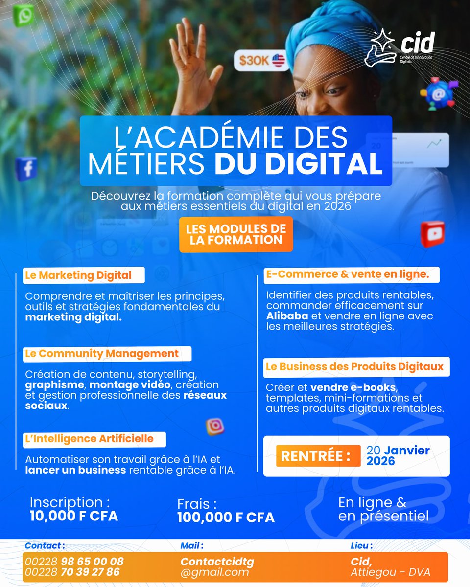 Le digital n’est plus l’avenir, c’est le présent.
Avec L’Académie des Métiers du Digital, forme-toi aux compétences les plus demandées en 2026 et transforme ton savoir en revenus concrets.

Une formation complète, pratique, en ligne &amp; en présentiel.
Rentrée : 20 janvier 2026
#Cid