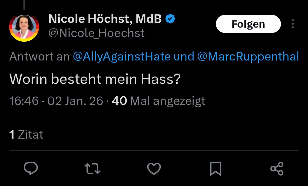 Nicole Höchst von der #fckafd fragt allen Ernstes, worin ihr Hass besteht.

Nun, ja. Öhm. Jetzt weiß ich auch nicht.
#AfDVerbotsverfahren