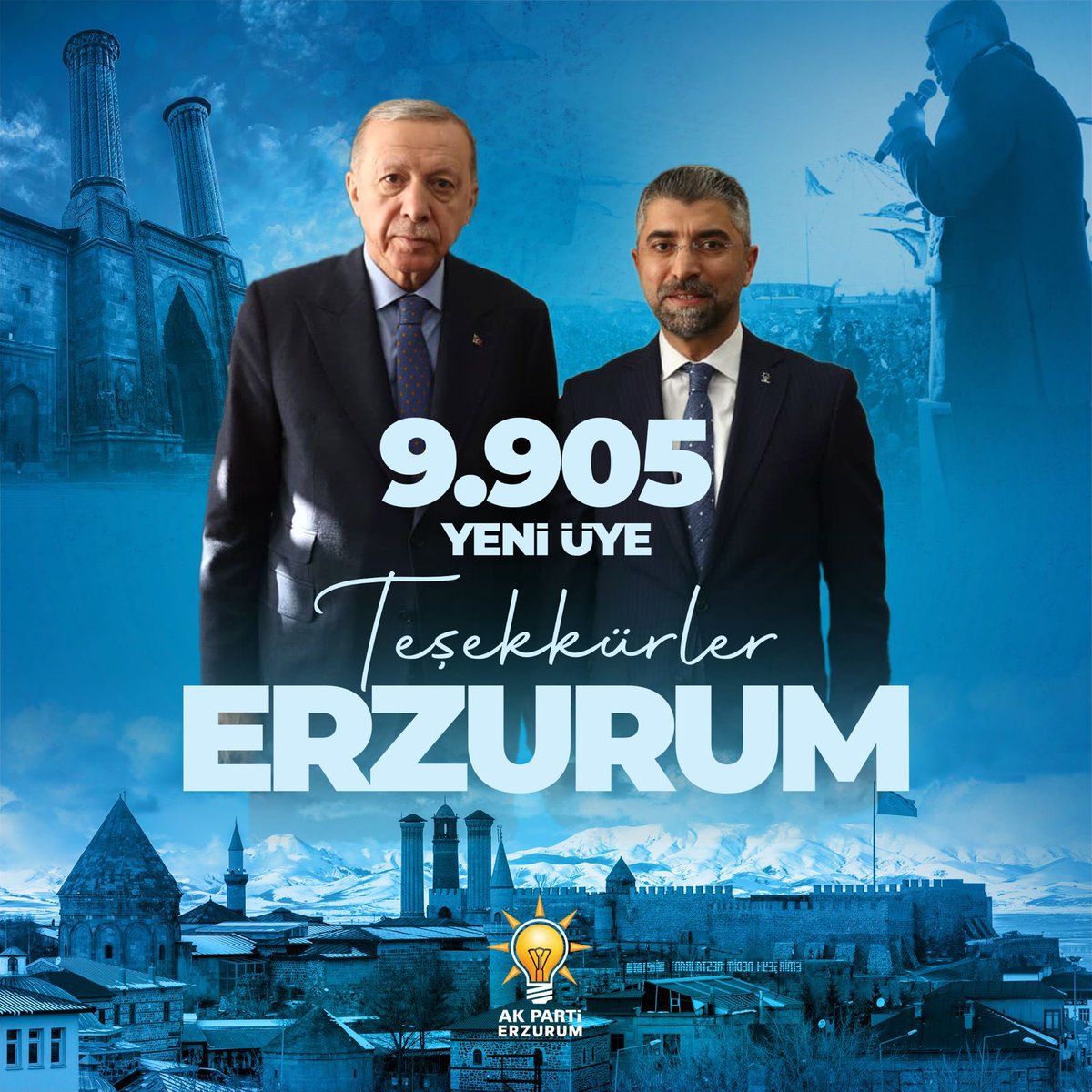 Teşekkürler Erzurum. 

Genel Başkanımız ve Cumhurbaşkanımız Sayın Recep Tayyip Erdoğan’ın liderliğinde, milletimizin güveniyle büyüyen AK Parti ailemiz, Erzurum’da 9.905 yeni yol arkadaşımızla daha da güçlendi.

Bu güçlü tabloya katkı sunan tüm teşkilat mensuplarımıza ve AK Parti