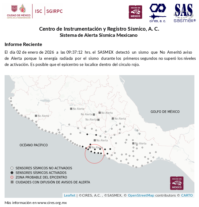 Informe preliminar del #Sismo detectado el 02-ene-26 a las 09:37:12 hrs.  #TenemosSismo #LaPrevenciónEsNuestraFuerza