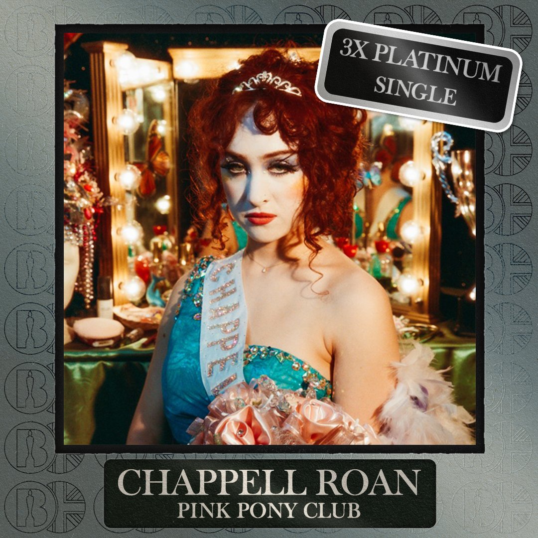 BRITs's tweet image. 'Pink Pony Club', the single by @ChappellRoan, is now #BRITcertified 3x Platinum