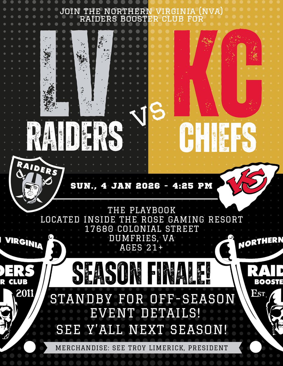 ☠️⚔️
🏈 WEEK 18 #KCvsLV
🍻 Happy New Year!
🏴‍☠️ Last game of the season! 
🎰 JOIN US at The Playbook
(Inside <a href="/therose_gaming/">rosegamingresort</a>)
🚨 SEE FLYER 
•
#northernvirginiaraidersboosterclub
#eastcoastreppingtheraiders 
#raidernation
#rn4l