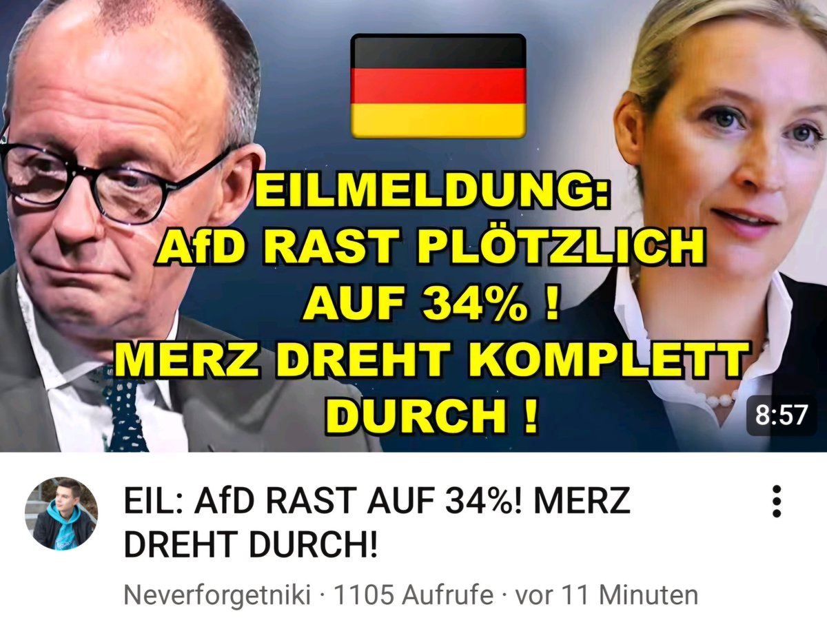 nikitheblogger's tweet image. +++ TEILEN +++
Das Wählerpotential der AfD explodiert laut neuer Umfrage! Merz dreht durch! Schaut jetzt hier mein neues Video dazu von heute:
youtu.be/4JR4aMS1Q8w?si…