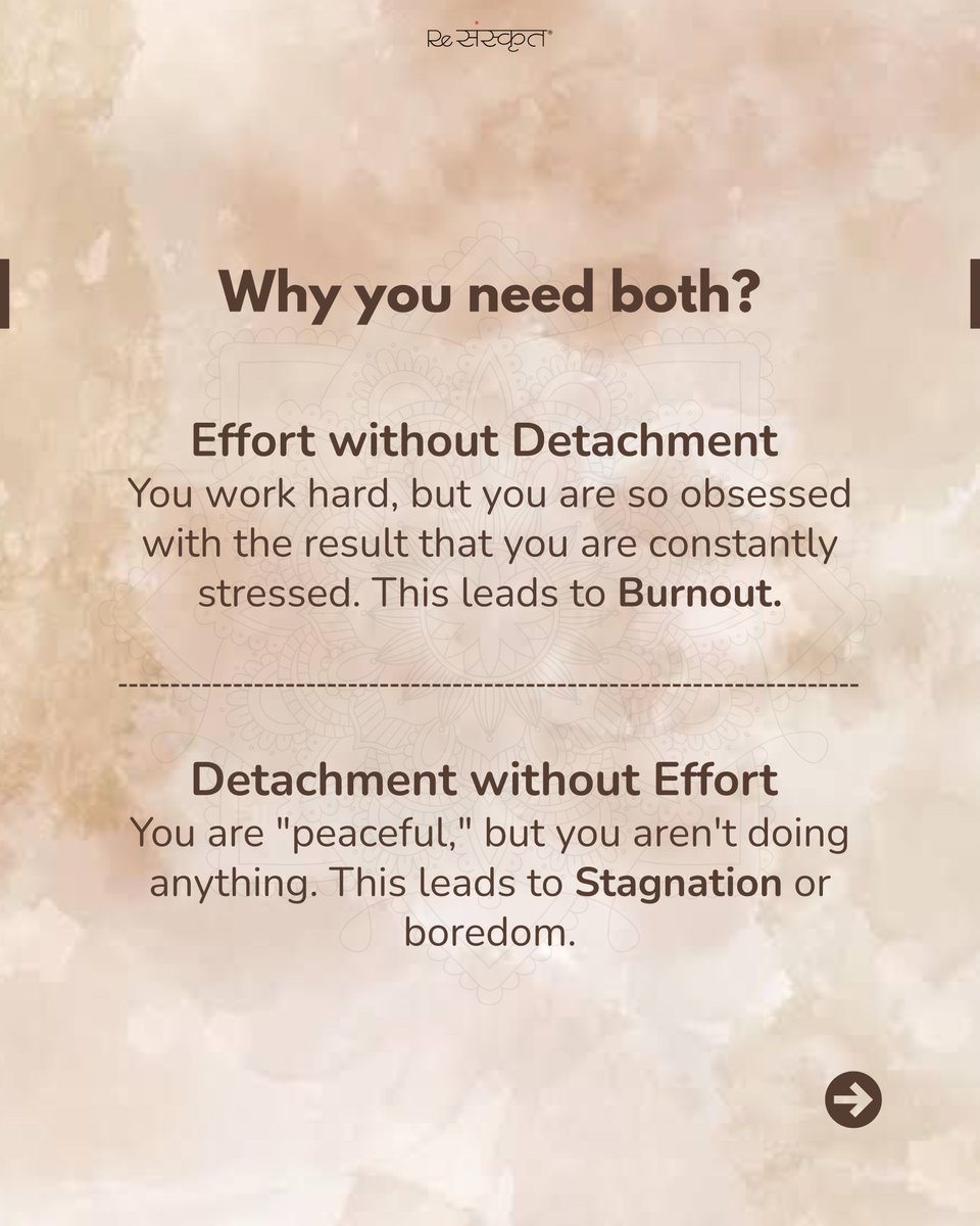 ReSanskrit's tweet photo. The mind is anchored by practice and released by detachment. When combined, they produce internal stability. 
According to Patañjali, abhyāsa (consistent effort) and vairāgya (non-attachment) are the two pillars that support a steady mind. https://t.co/NuXLtIH1RF