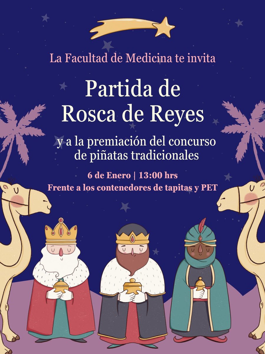 FacMedicinaUNAM's tweet image. Tradición y comunidad en la Facultad de Medicina 🎉
Acompáñanos en la Partida de Rosca de Reyes y la premiación del Concurso de Piñatas Tradicionales.
📅 6 de enero | ⏰ 13:00 h
📍 Contenedores de tapitas y PET
#SomosFacMed