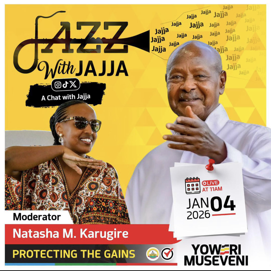 Get ready for wisdom meeting fire! On January 4th. A live Jazz with Jajja on X . Raw truths, sharp insights,Uganda’s future and many untold stories all on . Mark your calendar and tune in: history in the making. #JazzWithJajja #ProtectingTheGains 🇺🇬
<a href="/KagutaMuseveni/">Yoweri K Museveni</a> <a href="/Nyinancweende/">Natasha Museveni Karugire</a>