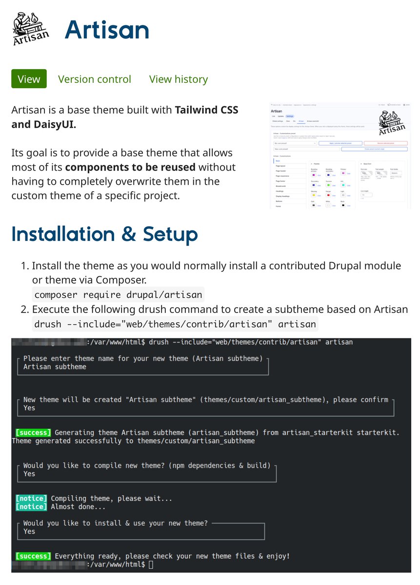 Want to use DaisyUI &amp; Tailwind CSS in Drupal? Check out Artisan (2.0).

If you're looking for a modern utility-first approach to Drupal theming, this is worth a look.

Link: drupal.org/project/artisan

#drupal #tailwindcss #DaisyUI