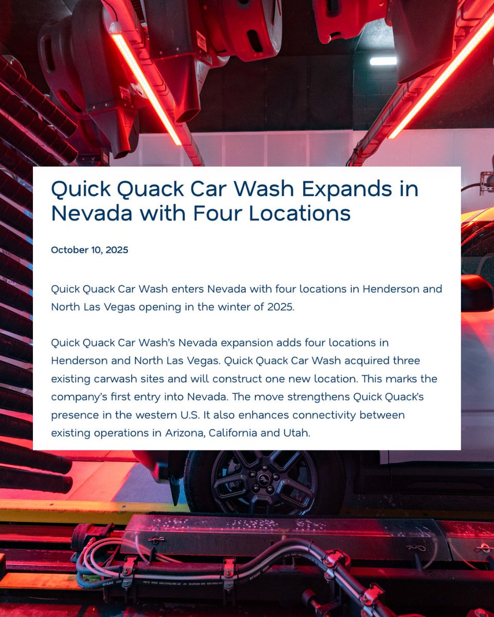 quickquack's tweet image. Big news. Quick Quack is expanding into Nevada with four new locations set to open in Henderson and North Las Vegas. 🦆

This marks an exciting new chapter as we continue to grow and bring our signature wash experience to more communities. We’re proud to invest in new markets,…