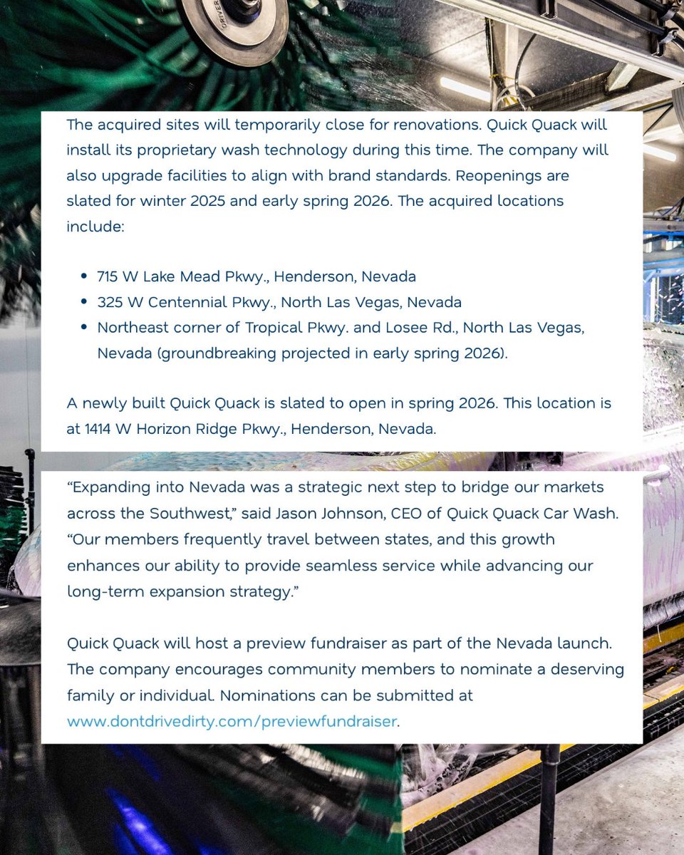 quickquack's tweet image. Big news. Quick Quack is expanding into Nevada with four new locations set to open in Henderson and North Las Vegas. 🦆

This marks an exciting new chapter as we continue to grow and bring our signature wash experience to more communities. We’re proud to invest in new markets,…
