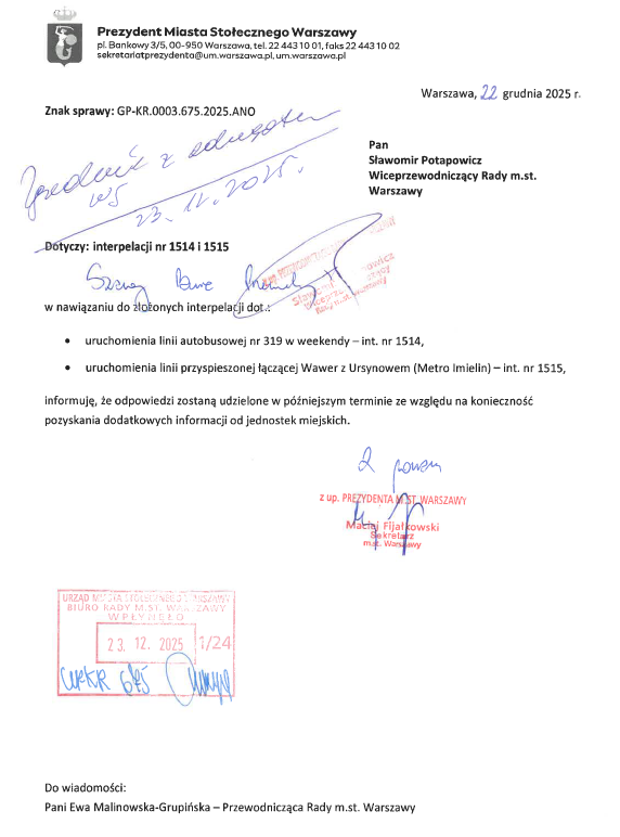 Kolejny raz upominam się o uruchomienie linii 319 w weekendy. Jednocześnie apeluję o uruchomienie linii przyspieszonej łączącej Wawer z metrem na Ursynowie. W tej sprawie w <a href="/warszawa/">Warszawa</a> jest już petycja przygotowana przez radnego <a href="/wojdapawel/">Paweł Wojda</a>. #Wawer czeka na pozytywną odpowiedź!