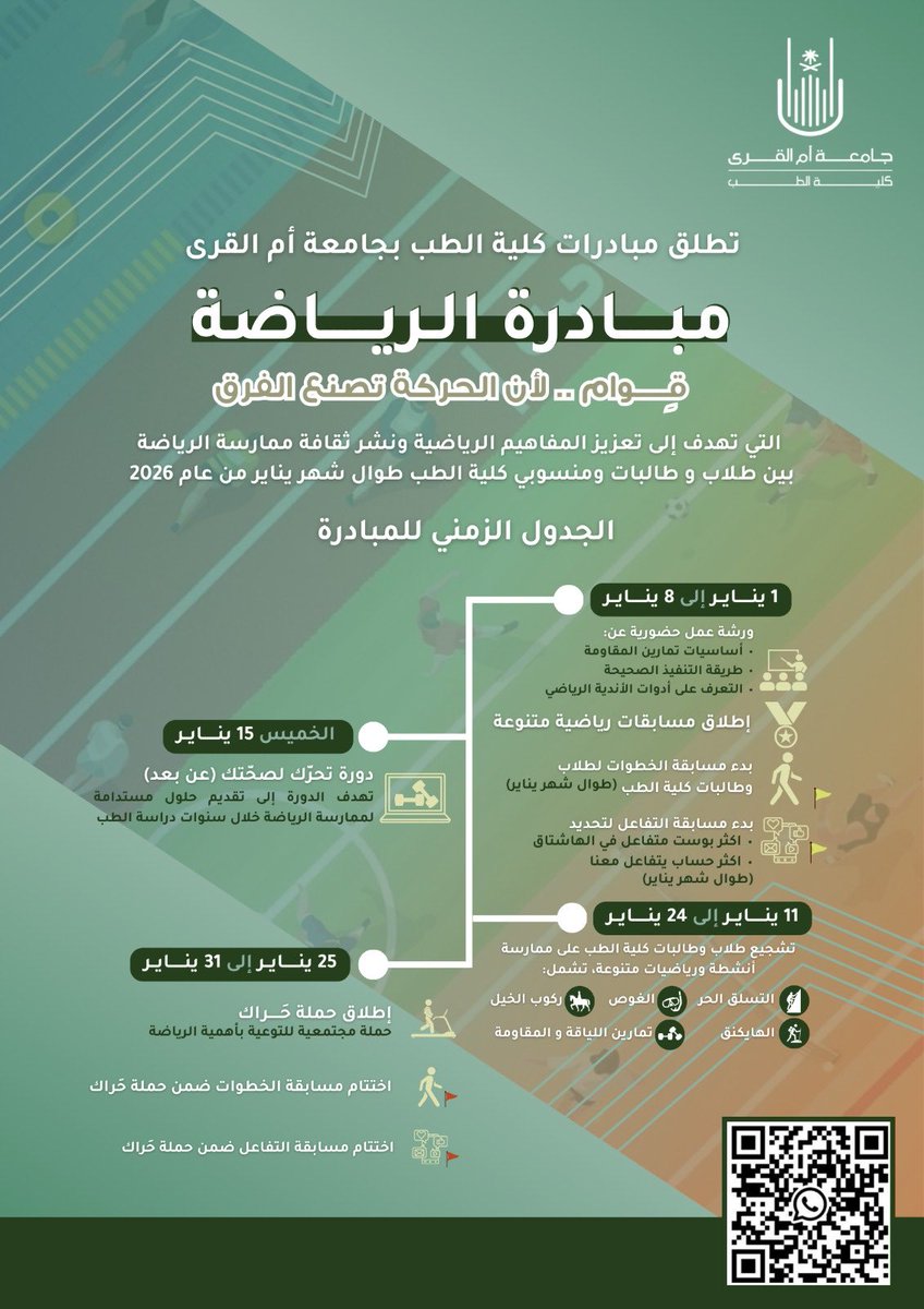 لأن صحة الطالب أولوية لا تقل أهمية عن تميّزه 🥇

تُطلق مبادرات #طب_ام_القرى مبادرة الرياضة #قِوام
فعاليات، رحلات، وورش… من و إلى طلاب الطب 💪🩺

📅 ابتداءً من يوم الخميس 1 يناير
تنطلق مسابقة حساب الخطوات،
وسيتم تكريم صاحب/ـة أعلى عدد خطوات خلال شهر يناير 👏🏆

🔹 للانضمام معنا :