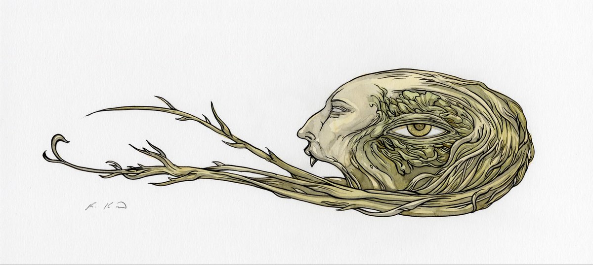 Lost_Machine's tweet image. Here is a new piece called “Agitator.” 2026, watercolour &amp;amp; ink, 12” x 9.” Available now on in my shop. richardakirk.bigcartel.com. It was developed from a thumbnail sketch I did several years ago when I was illustrating Weaveworld by Clive Barker.