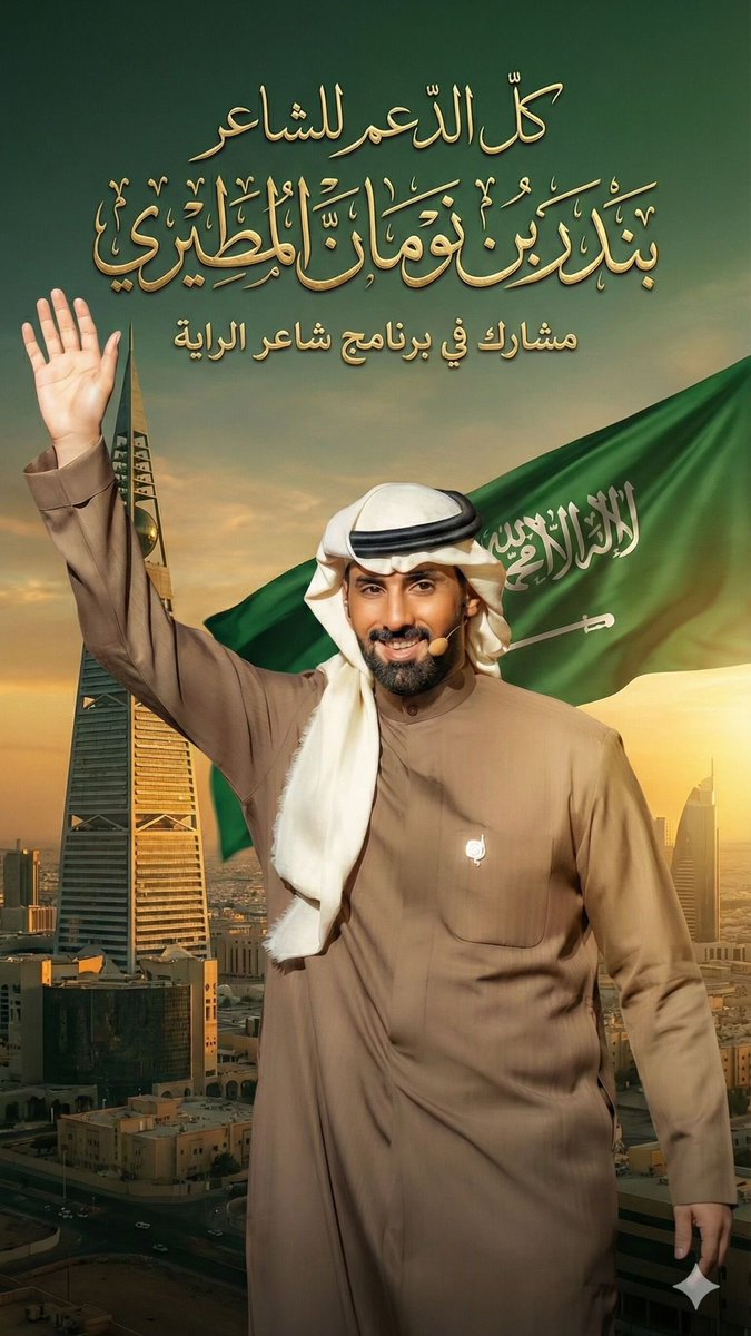 نقدّم دعمنا الكامل للشاعر بندر بن نومان المطيري، شاعرٍ مبدع تميّز بجزالة شعره وقوة حضوره. إبداعه يشهد له، ويستحق بكل جدارة المركز الأول في مسابقة شاعر الراية
#بندر_بن_نومان_المطيري 
#شاعر_الراية