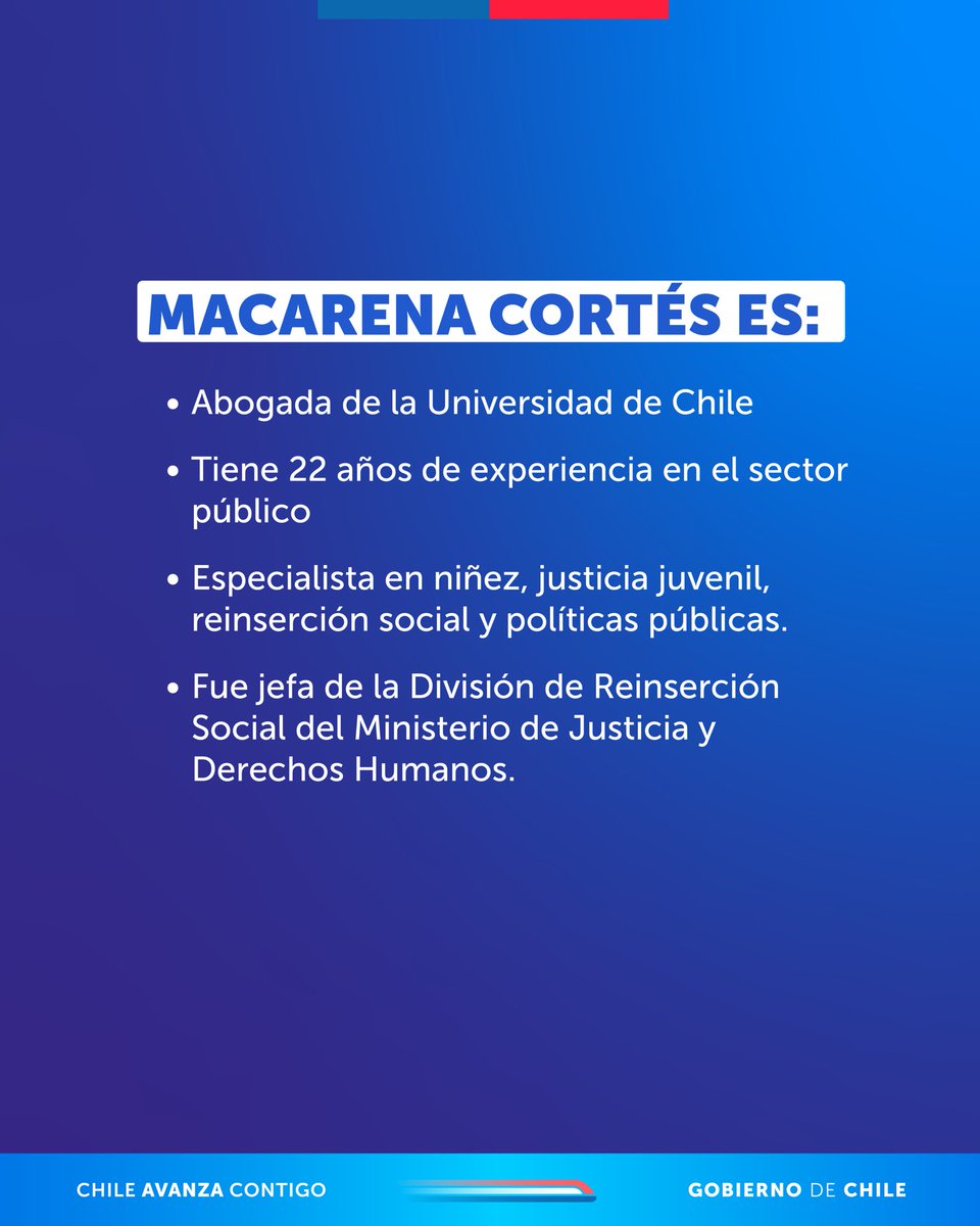 Desde el 1 de enero, Macarena Cortés Camus asumió como la primera Directora del Servicio Nacional de Acceso a la Justicia y Defensoría de Víctimas.

➡️Abogada de la Universidad de Chile, cuenta con 22 años de experiencia en el sector público y una sólida trayectoria en niñez,