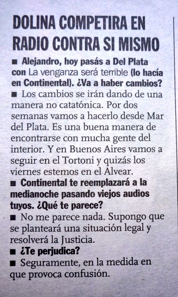TintaOjo's tweet photo. Uno de los pases más sonoros fue el de #Dolina a AM Del Plata. Tras largos años en la trasnoche de #Continental pasaba a la 1030 en la que solo estaría un año.
En divorcio despechado, la 590 programaba repeticiones de "La Venganza..." lo cual aumentaba la confusión general. https://t.co/hQDYuCLo3n